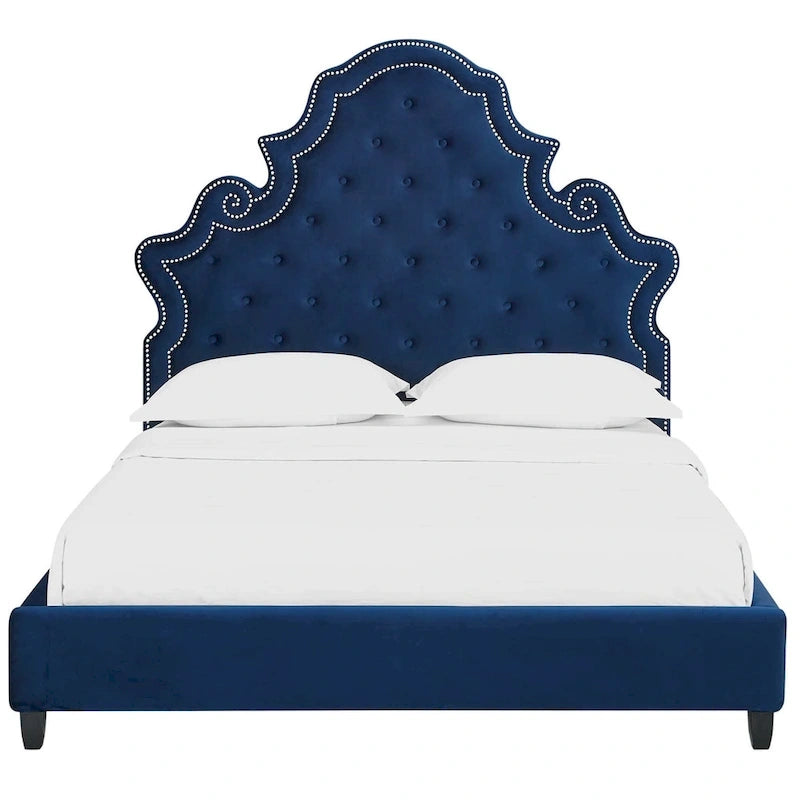 Cama de plataforma Queen de terciopelo azul con ribete de tachuelas – Para 2
