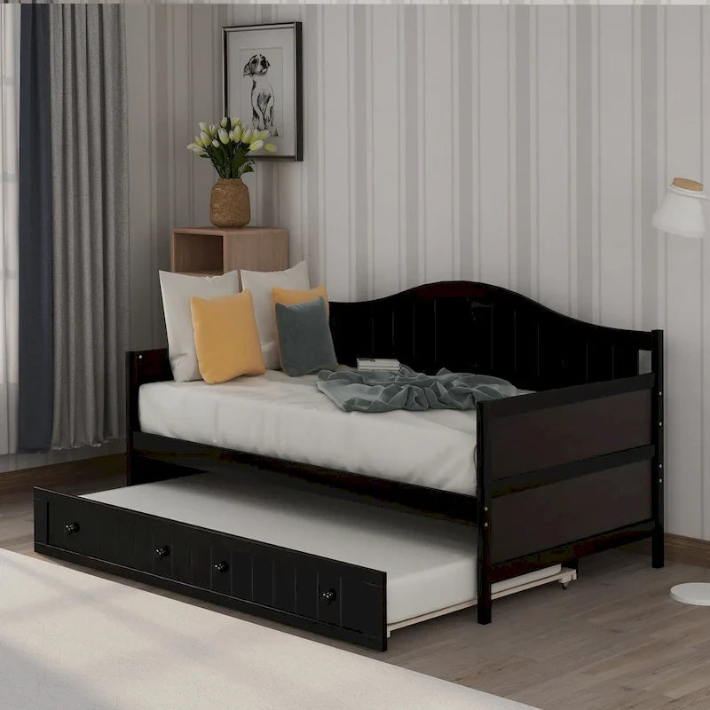Cama de día individual de madera blanca / gris / espresso con cama nido – Capacidad para 2 personas