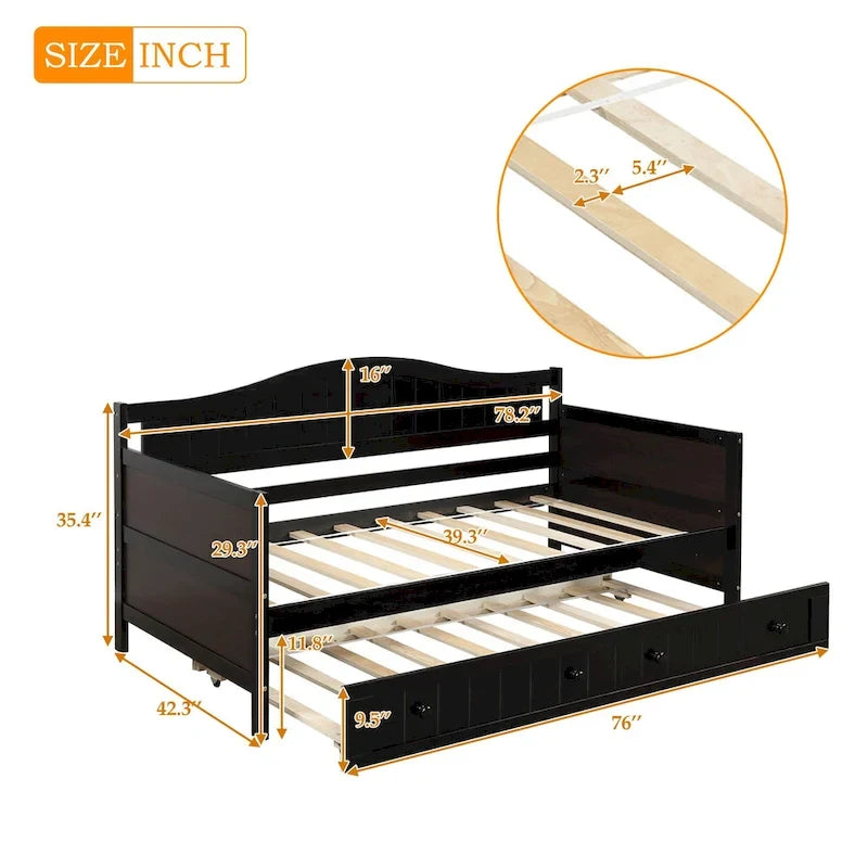 Cama de día individual de madera blanca / gris / espresso con cama nido – Capacidad para 2 personas