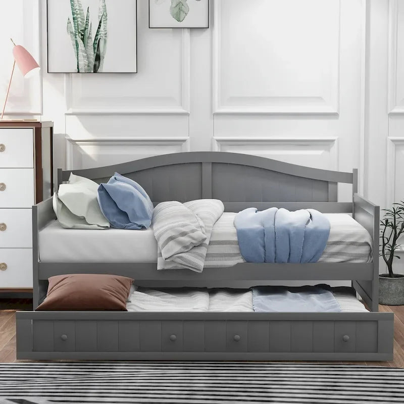 Cama de día individual de madera blanca / gris / espresso con cama nido – Capacidad para 2 personas