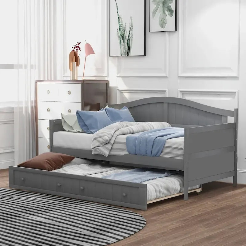 Cama de día individual de madera blanca / gris / espresso con cama nido – Capacidad para 2 personas