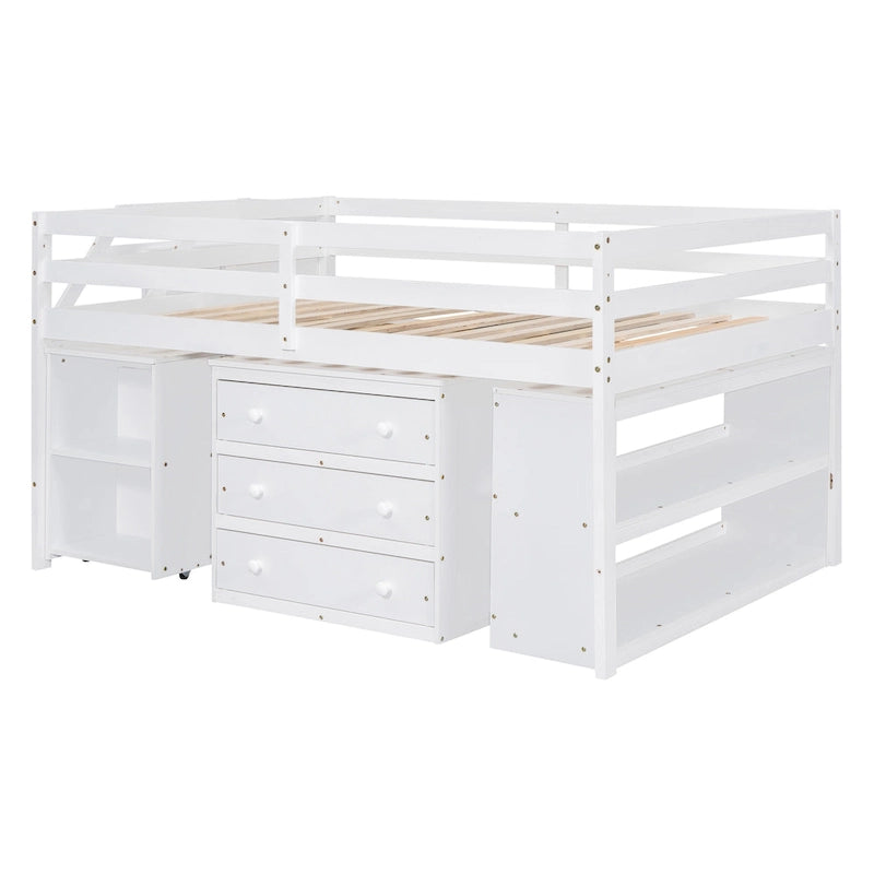 Cama alta blanca de tamaño completo con escritorio retráctil, 3 cajones y escaleras de almacenamiento – Individual