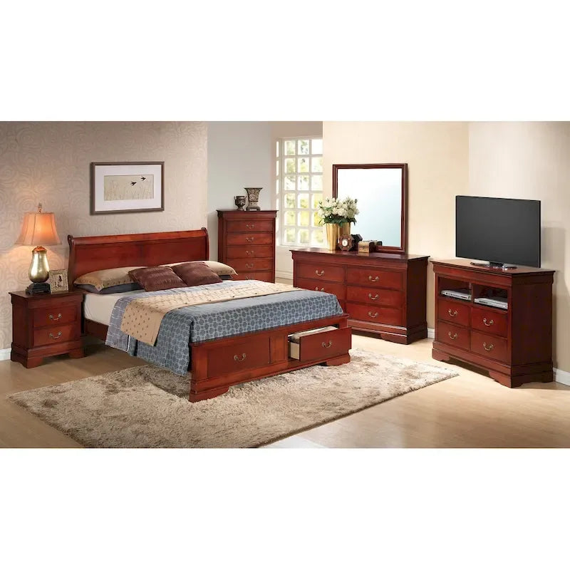Cama panel tradicional king con almacenaje, cerezo/blanco/negro/gris/capuchino – Para 2