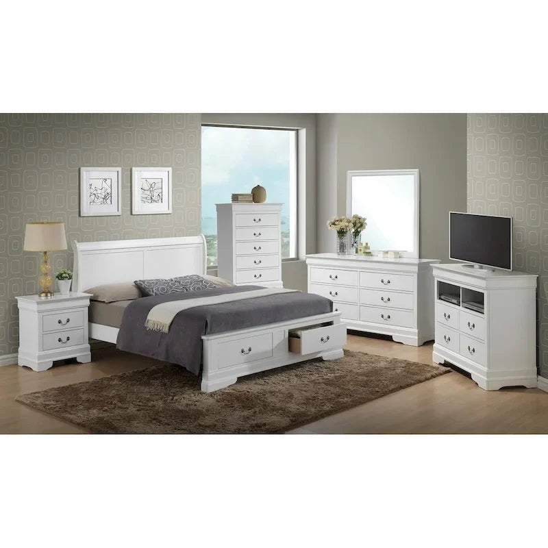 Cama panel tradicional king con almacenaje, cerezo/blanco/negro/gris/capuchino – Para 2