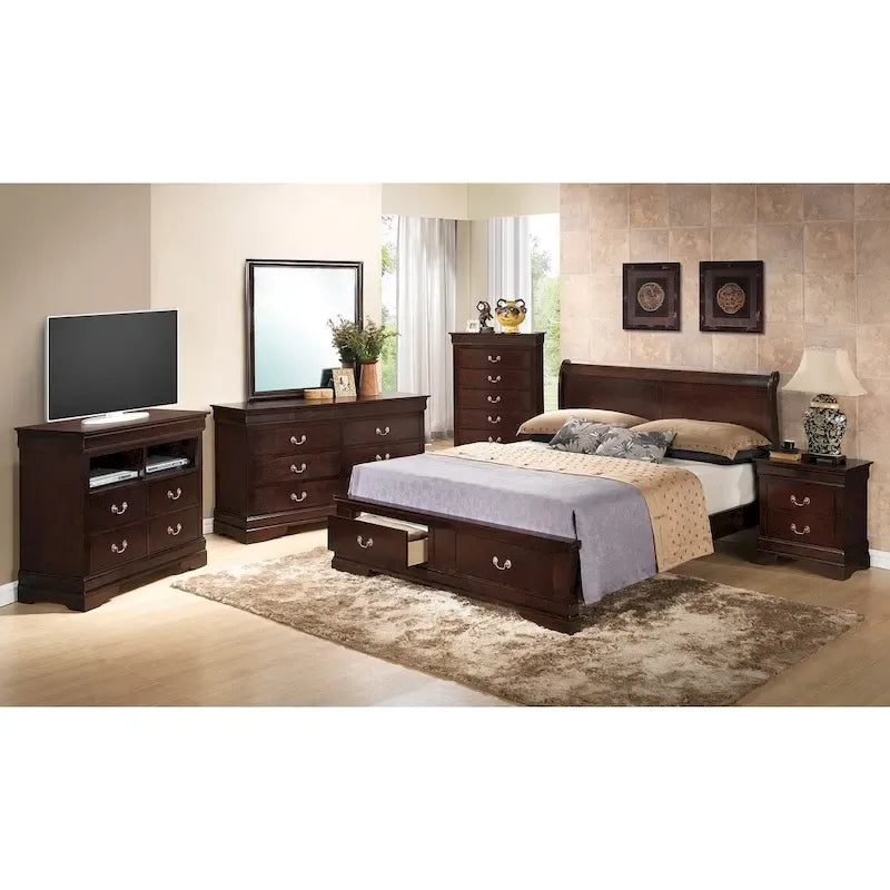 Cama panel tradicional king con almacenaje, cerezo/blanco/negro/gris/capuchino – Para 2