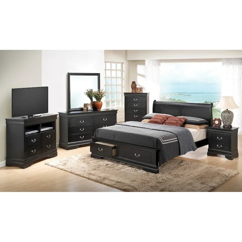 Cama panel tradicional king con almacenaje, cerezo/blanco/negro/gris/capuchino – Para 2