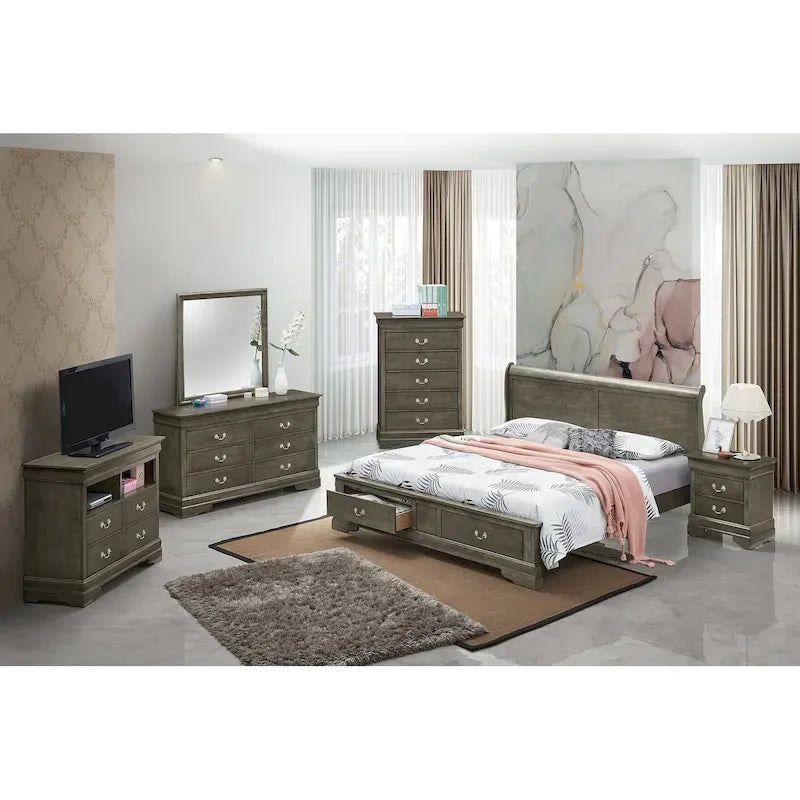 Cama panel tradicional king con almacenaje, cerezo/blanco/negro/gris/capuchino – Para 2
