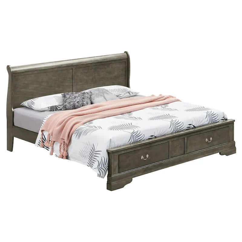 Cama panel tradicional king con almacenaje, cerezo/blanco/negro/gris/capuchino – Para 2