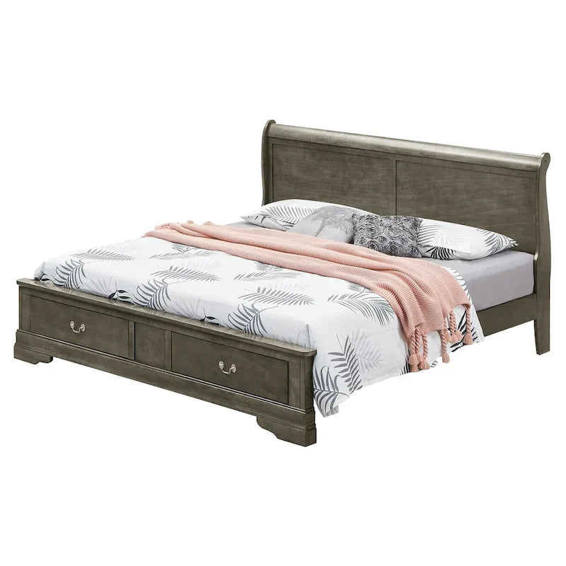 Cama panel tradicional king con almacenaje, cerezo/blanco/negro/gris/capuchino – Para 2