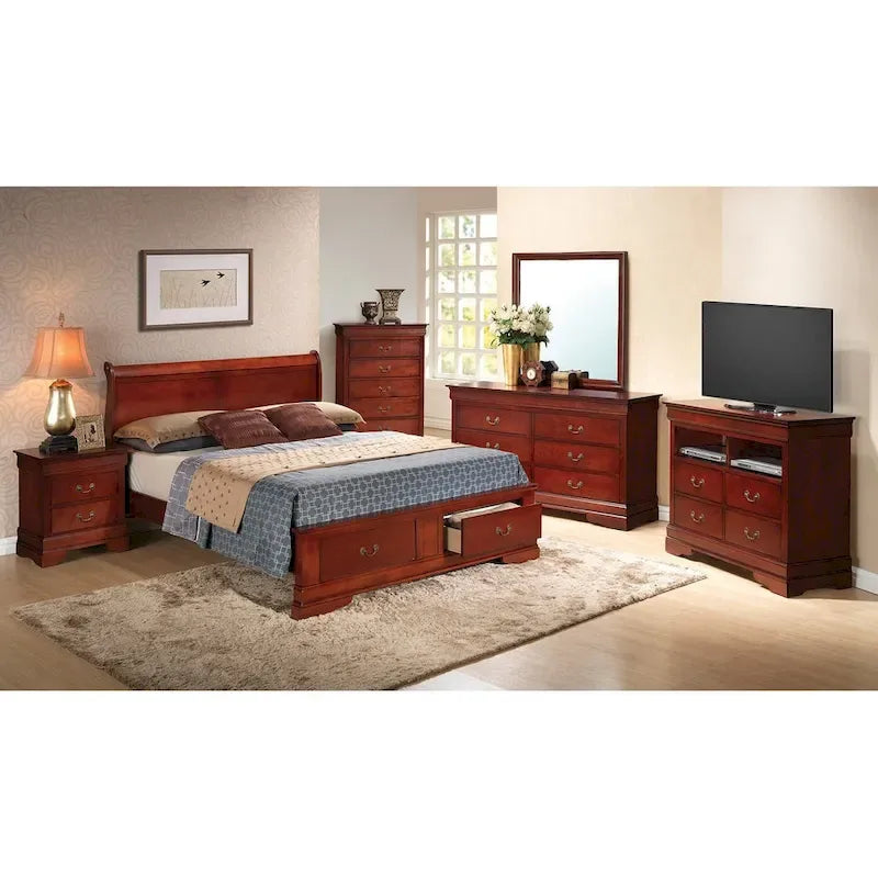 Cama panel tradicional king con almacenaje, cerezo/blanco/negro/gris/capuchino – Para 2