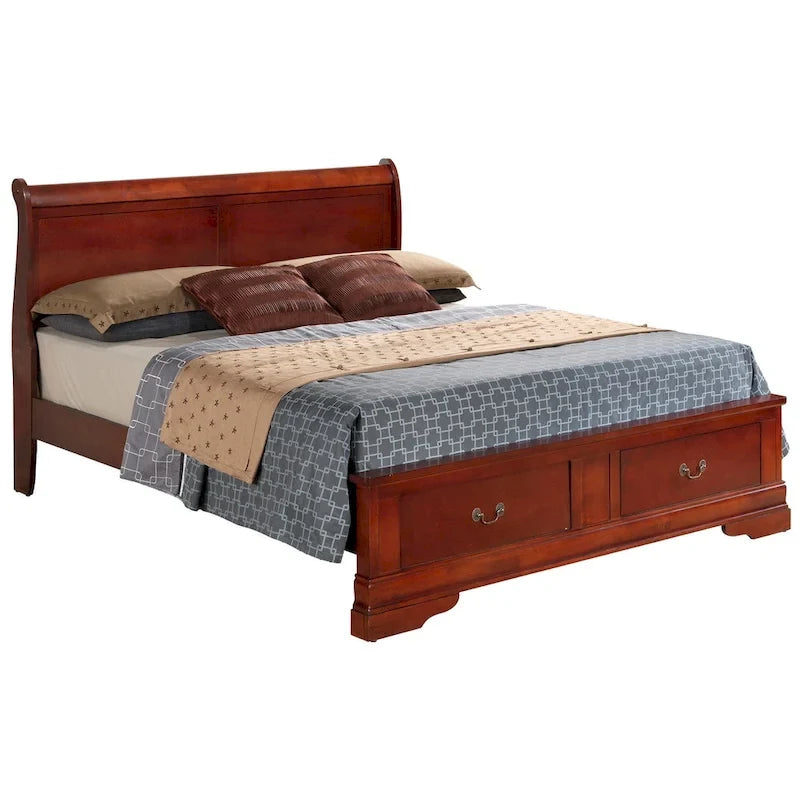 Cama panel tradicional king con almacenaje, cerezo/blanco/negro/gris/capuchino – Para 2