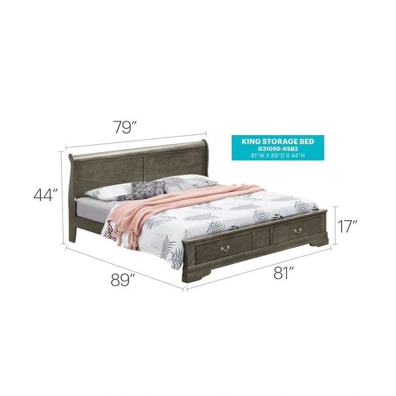Cama panel tradicional king con almacenaje, cerezo/blanco/negro/gris/capuchino – Para 2