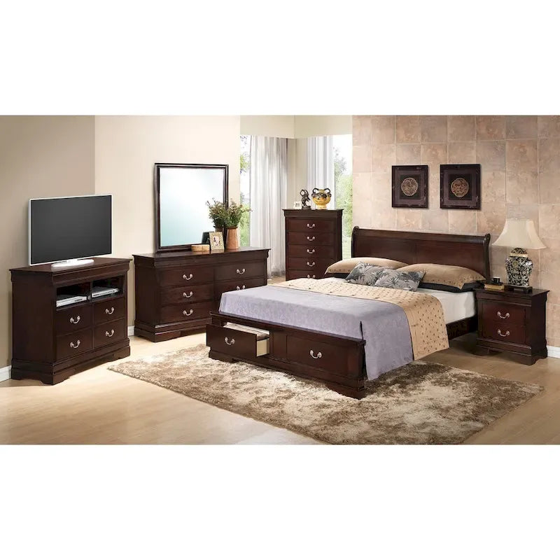 Cama panel tradicional king con almacenaje, cerezo/blanco/negro/gris/capuchino – Para 2