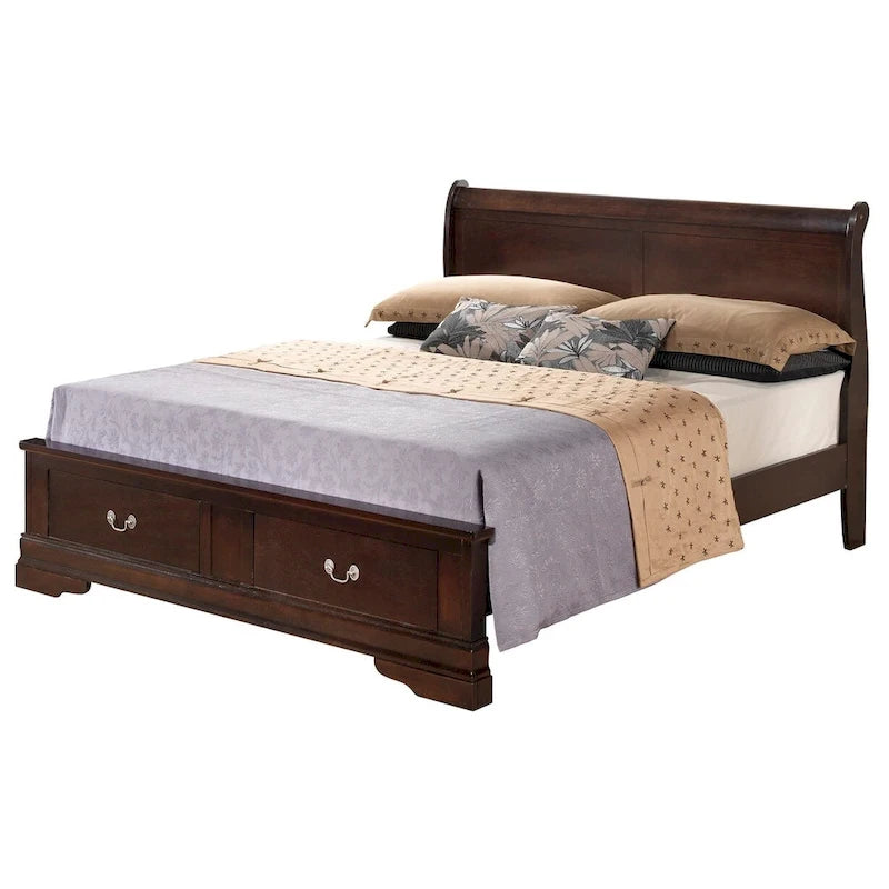 Cama panel tradicional king con almacenaje, cerezo/blanco/negro/gris/capuchino – Para 2