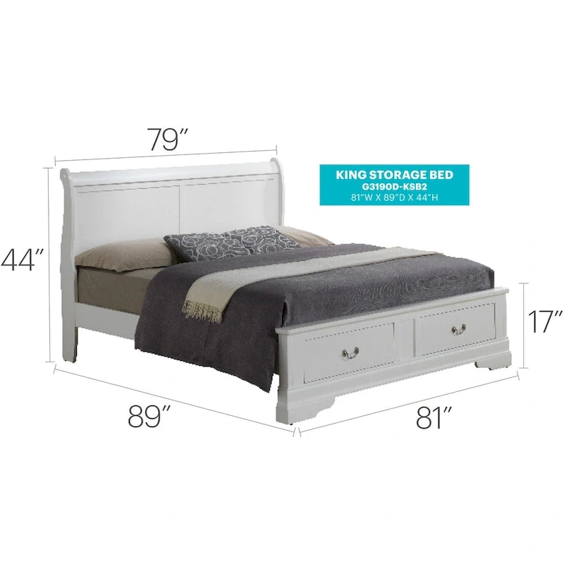 Cama panel tradicional king con almacenaje, cerezo/blanco/negro/gris/capuchino – Para 2
