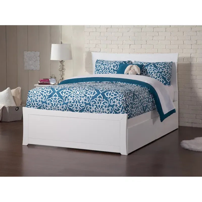 Cama de Plataforma Blanca con Cabecera y Piecera de Panel Completo y 2 Cajones de Almacenamiento – Matrimonial (1–2 Plazas)