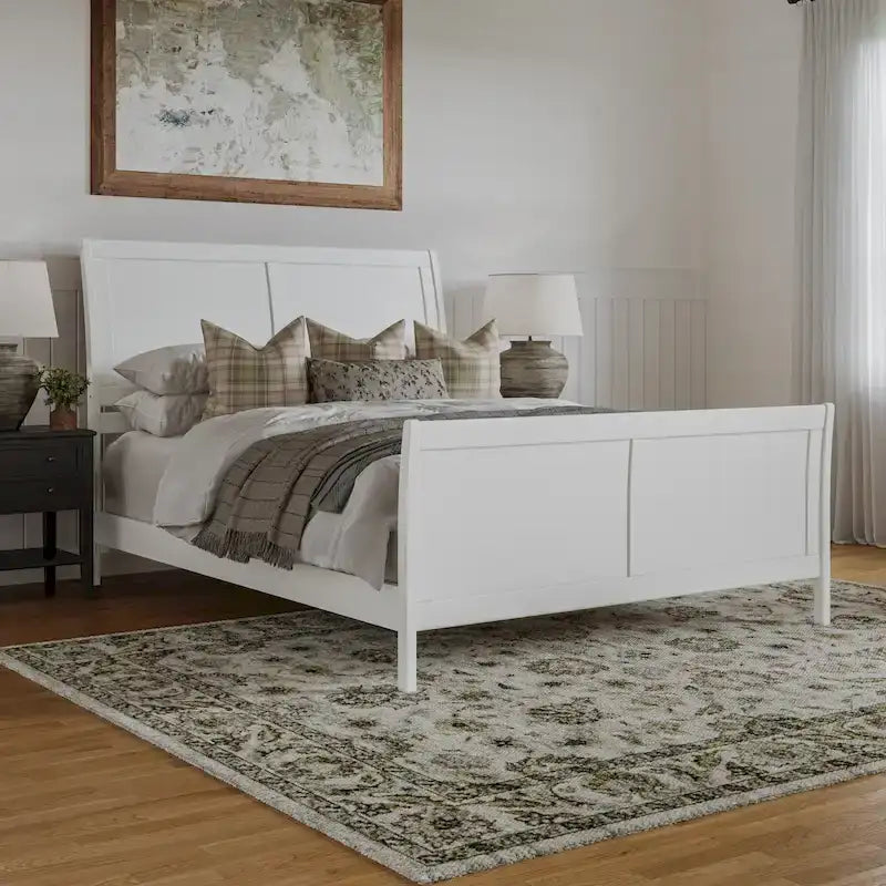 Cama de plataforma tipo trineo blanca/nogal con pie de cama – Full y Queen, 2 personas