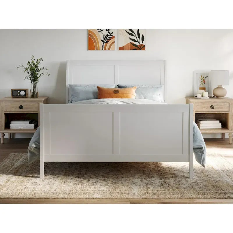 Cama de plataforma tipo trineo blanca/nogal con pie de cama – Full y Queen, 2 personas