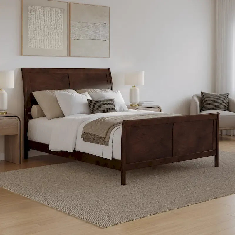 Cama de plataforma tipo trineo blanca/nogal con pie de cama – Full y Queen, 2 personas