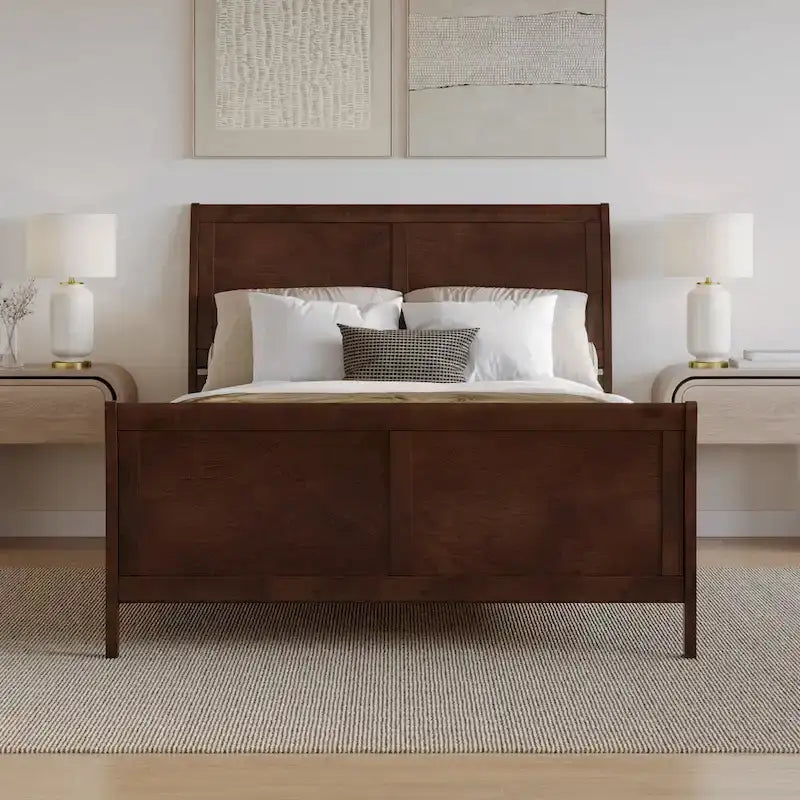Cama de plataforma tipo trineo blanca/nogal con pie de cama – Full y Queen, 2 personas