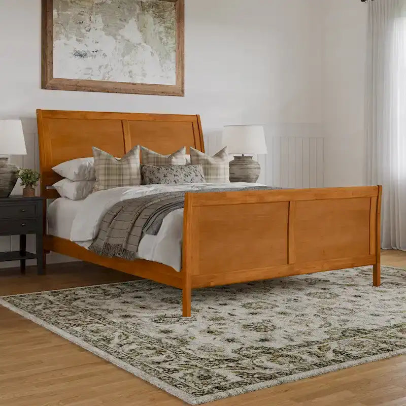 Cama de plataforma tipo trineo blanca/nogal con pie de cama – Full y Queen, 2 personas