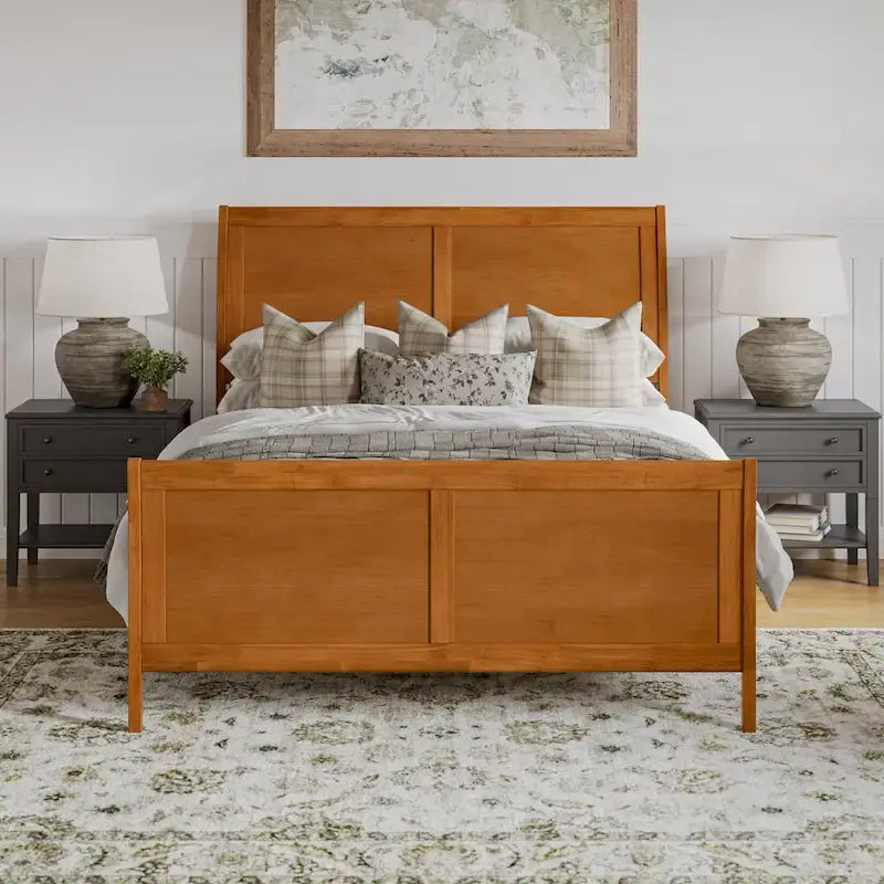 Cama de plataforma tipo trineo blanca/nogal con pie de cama – Full y Queen, 2 personas