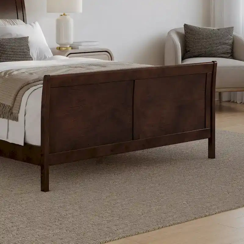 Cama de plataforma tipo trineo blanca/nogal con pie de cama – Full y Queen, 2 personas