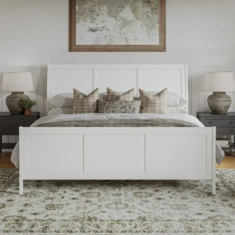 Cama de plataforma tipo trineo blanca/nogal con pie de cama – Full y Queen, 2 personas