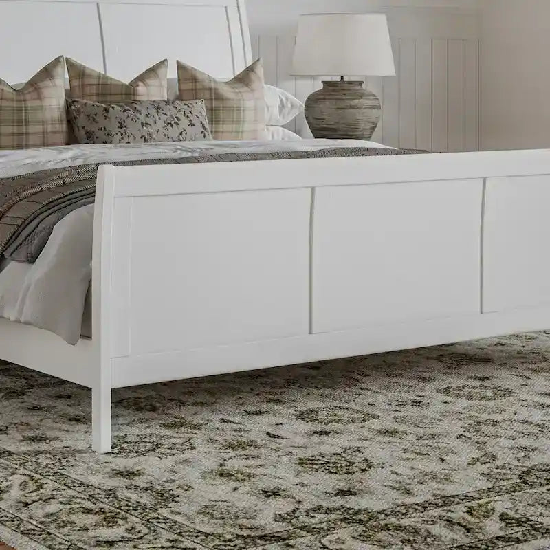 Cama de plataforma tipo trineo blanca/nogal con pie de cama – Full y Queen, 2 personas