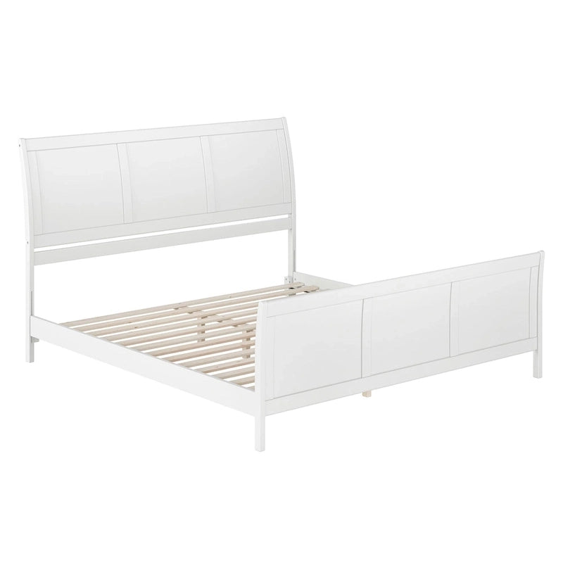 Cama de plataforma tipo trineo blanca/nogal con pie de cama – Full y Queen, 2 personas