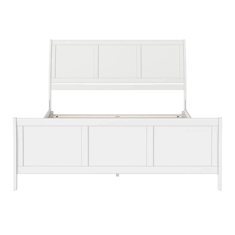 Cama de plataforma tipo trineo blanca/nogal con pie de cama – Full y Queen, 2 personas