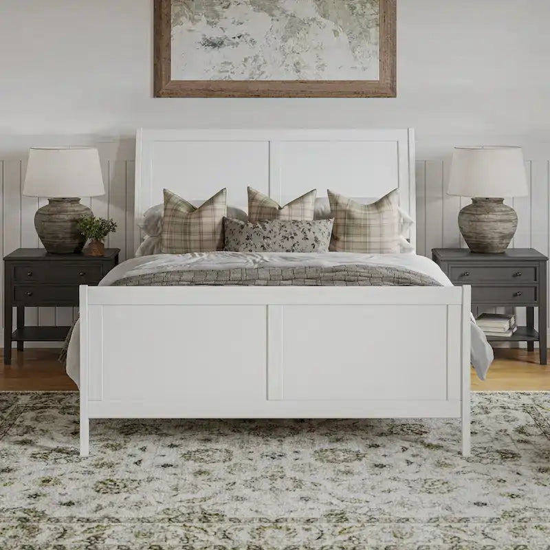 Cama de plataforma tipo trineo blanca/nogal con pie de cama – Full y Queen, 2 personas