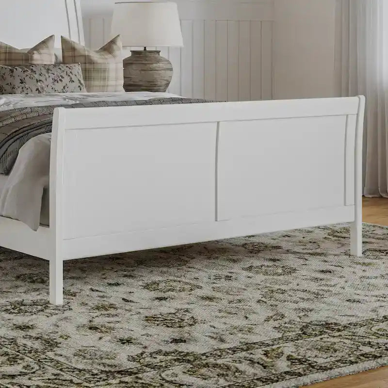 Cama de plataforma tipo trineo blanca/nogal con pie de cama – Full y Queen, 2 personas