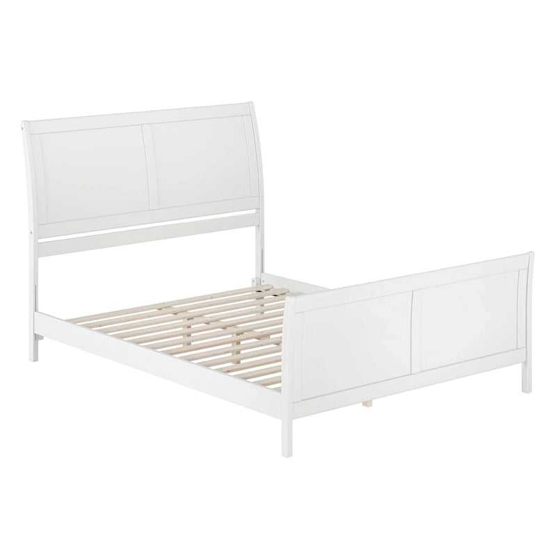 Cama de plataforma tipo trineo blanca/nogal con pie de cama – Full y Queen, 2 personas