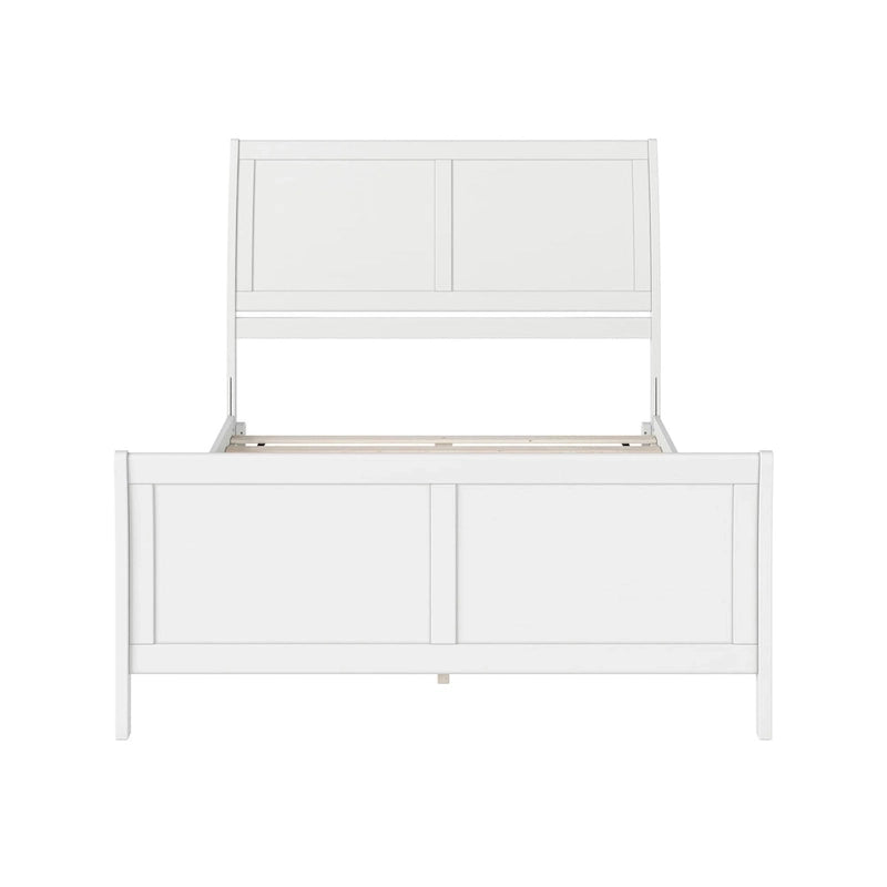 Cama de plataforma tipo trineo blanca/nogal con pie de cama – Full y Queen, 2 personas