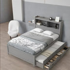 Cama de plataforma matrimonial gris/blanca con cama nido y 3 cajones, duerme 2 + 1 invitado