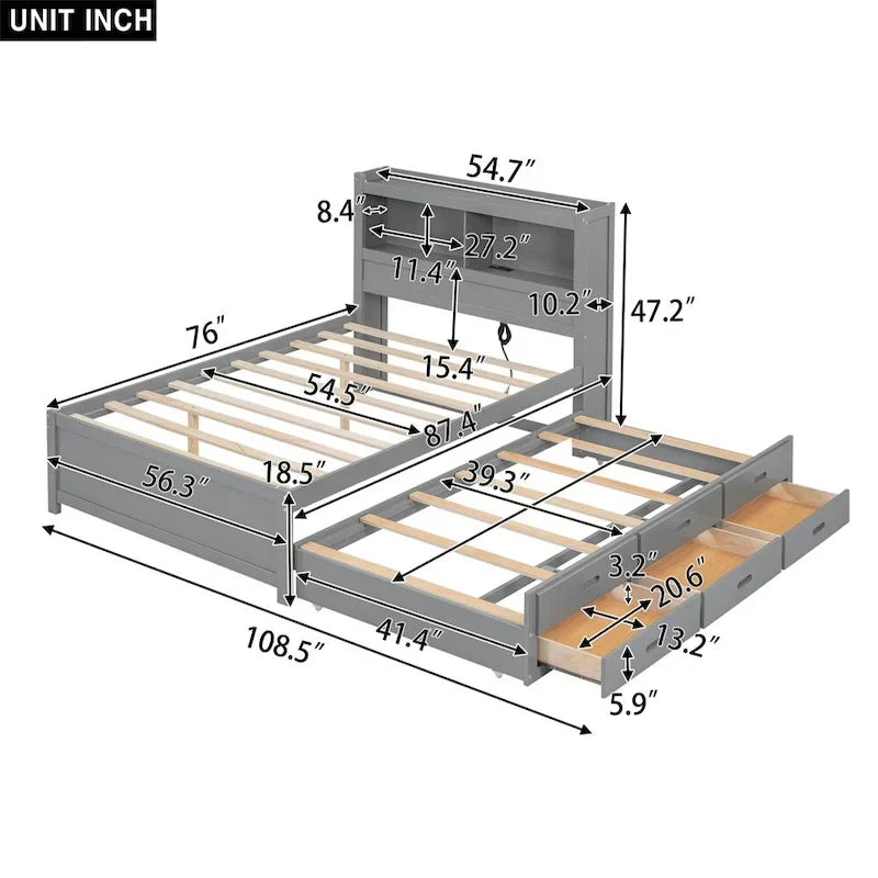 Cama de plataforma matrimonial gris/blanca con cama nido y 3 cajones, duerme 2 + 1 invitado