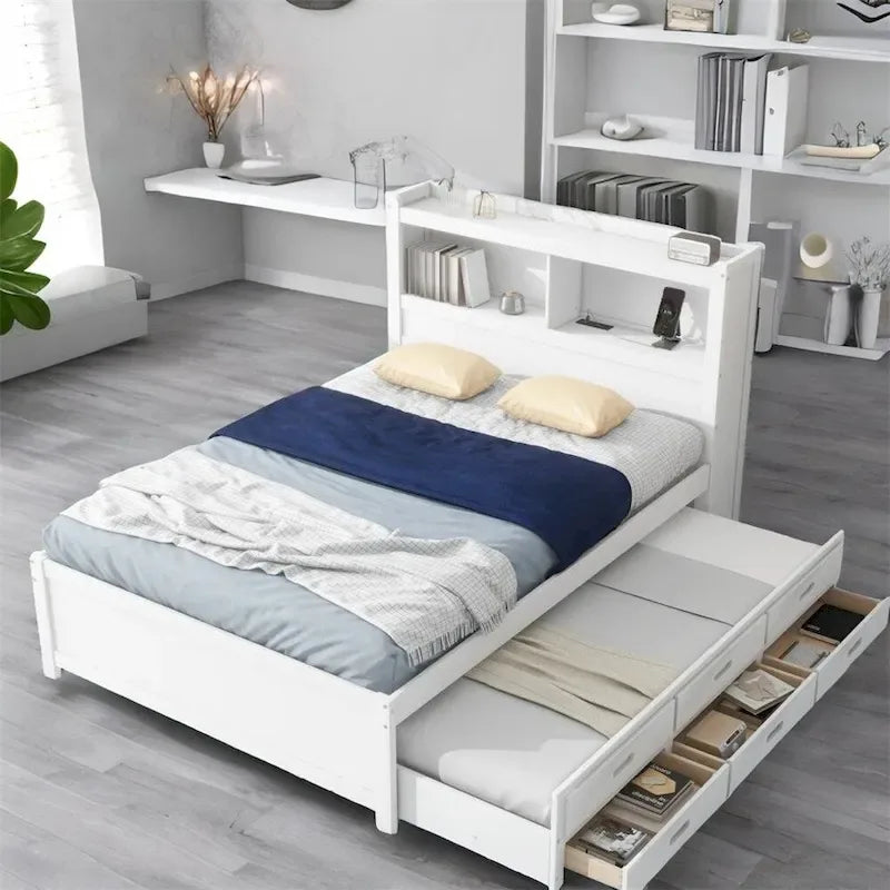 Cama de plataforma matrimonial gris/blanca con cama nido y 3 cajones, duerme 2 + 1 invitado