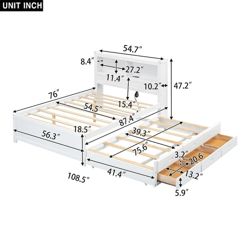 Cama de plataforma matrimonial gris/blanca con cama nido y 3 cajones, duerme 2 + 1 invitado