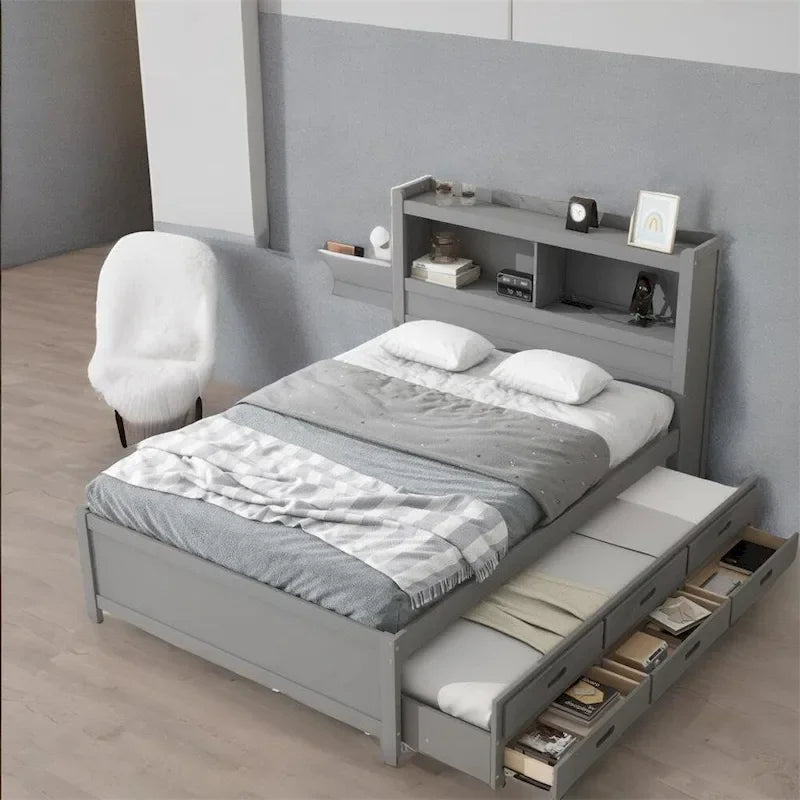 Cama de plataforma matrimonial gris/blanca con cama nido y 3 cajones, duerme 2 + 1 invitado