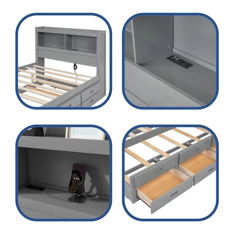 Cama de plataforma matrimonial gris/blanca con cama nido y 3 cajones, duerme 2 + 1 invitado