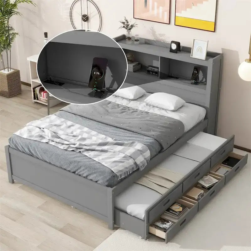 Cama de plataforma matrimonial gris/blanca con cama nido y 3 cajones, duerme 2 + 1 invitado