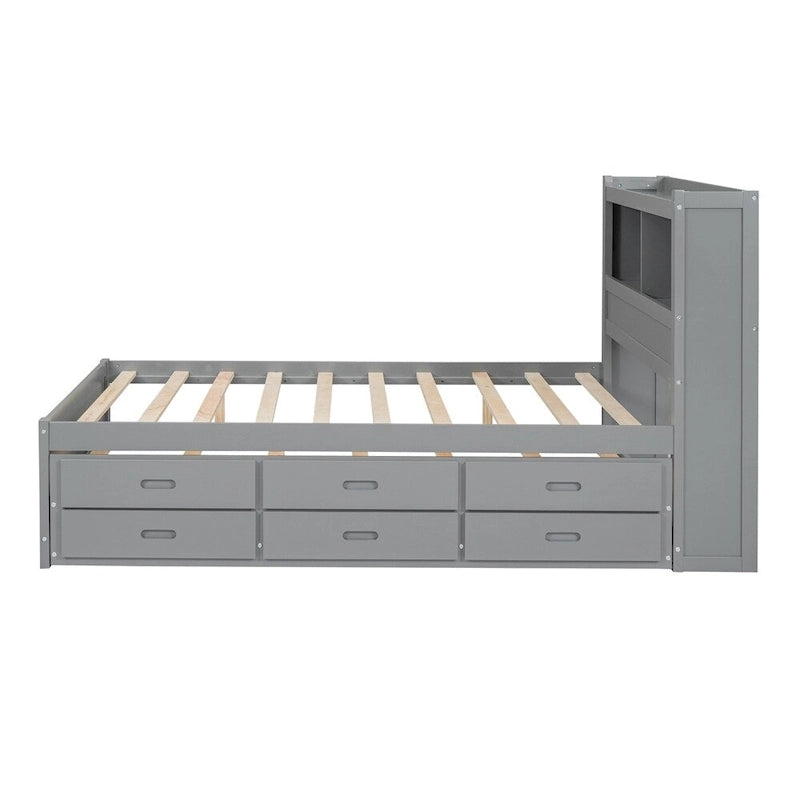 Cama de plataforma matrimonial gris/blanca con cama nido y 3 cajones, duerme 2 + 1 invitado