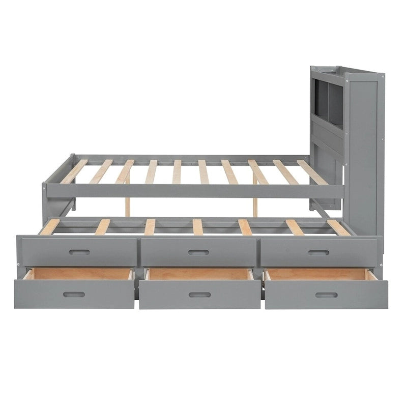 Cama de plataforma matrimonial gris/blanca con cama nido y 3 cajones, duerme 2 + 1 invitado