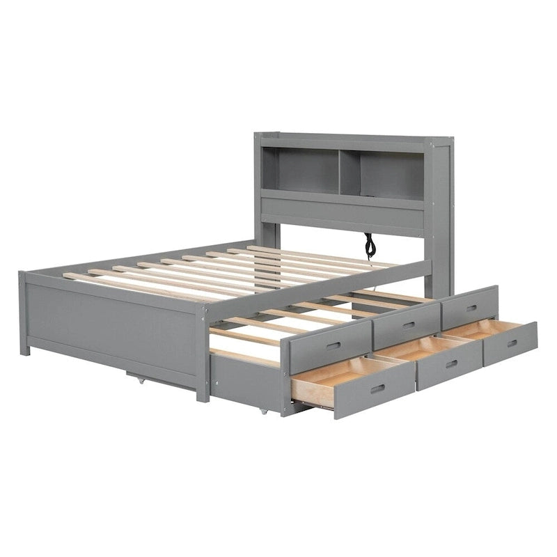 Cama de plataforma matrimonial gris/blanca con cama nido y 3 cajones, duerme 2 + 1 invitado