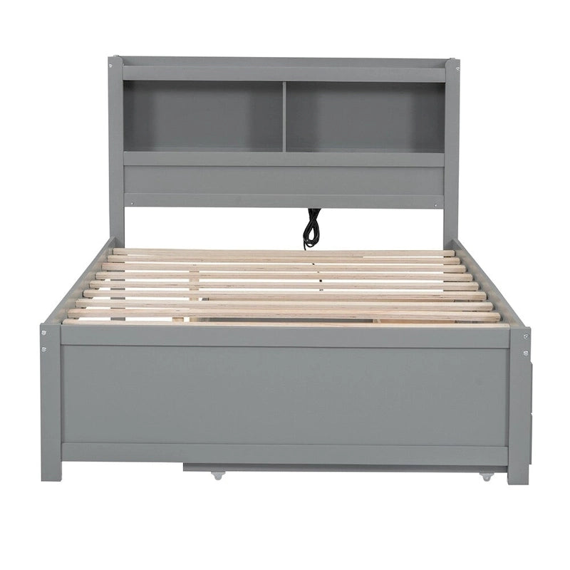 Cama de plataforma matrimonial gris/blanca con cama nido y 3 cajones, duerme 2 + 1 invitado