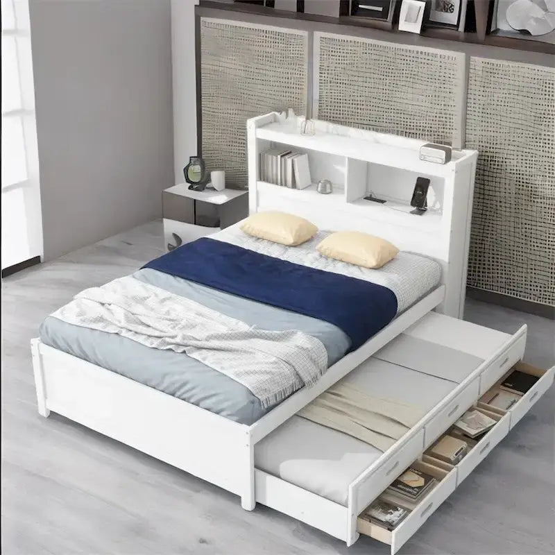 Cama de plataforma matrimonial gris/blanca con cama nido y 3 cajones, duerme 2 + 1 invitado