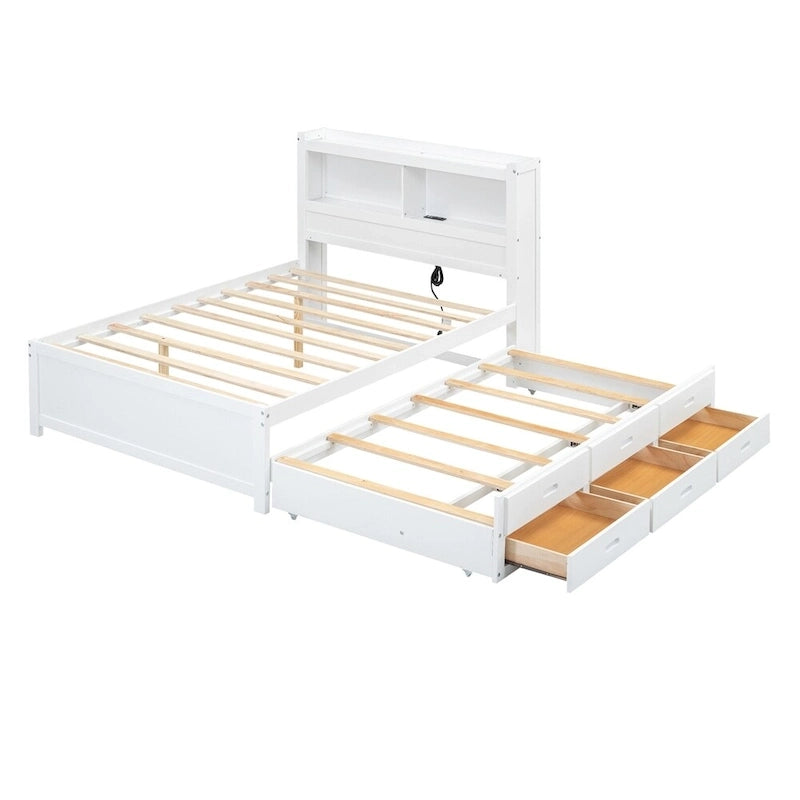 Cama de plataforma matrimonial gris/blanca con cama nido y 3 cajones, duerme 2 + 1 invitado