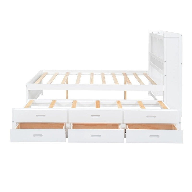 Cama de plataforma matrimonial gris/blanca con cama nido y 3 cajones, duerme 2 + 1 invitado