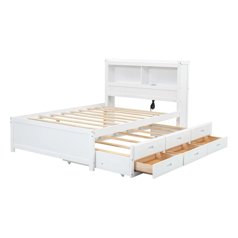 Cama de plataforma matrimonial gris/blanca con cama nido y 3 cajones, duerme 2 + 1 invitado
